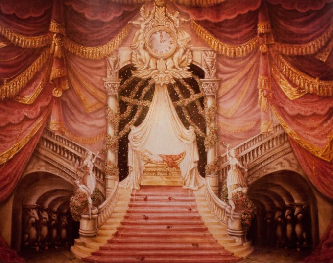 Full stage Waltz of the Flowers painted scrim depicting the bed of Princess Perlipat, for The Nutcracker
